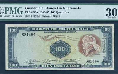 GUATEMALA. Banco de Guatemala. 100 Quetzales, 1960-65. P-50a. PMG Very Fine  30 EPQ. in United States